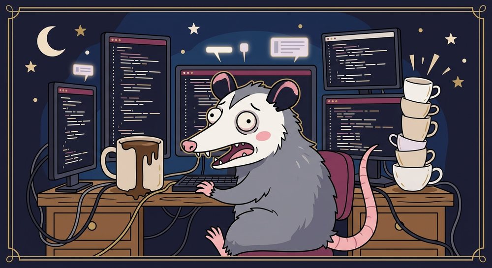 Una zarig&uuml;eya de ojos desorbitados programando frente a cinco monitores llenos de c&oacute;digo, con una taza derram&aacute;ndose y una torre de tazas vac&iacute;as, bajo una luna creciente